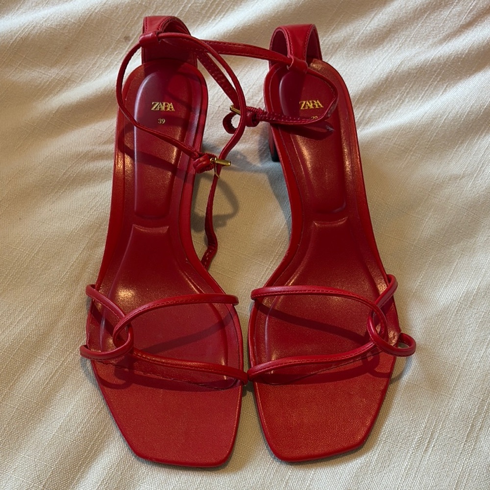 Zara Red Heeled Sandals with Strappy Design